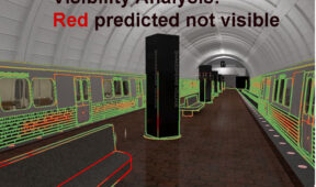 Image of a subway station with lines along contours of train, bench, and bollard. Lines are green or red, indicating what is predicted to be visible or invisible with low vision.